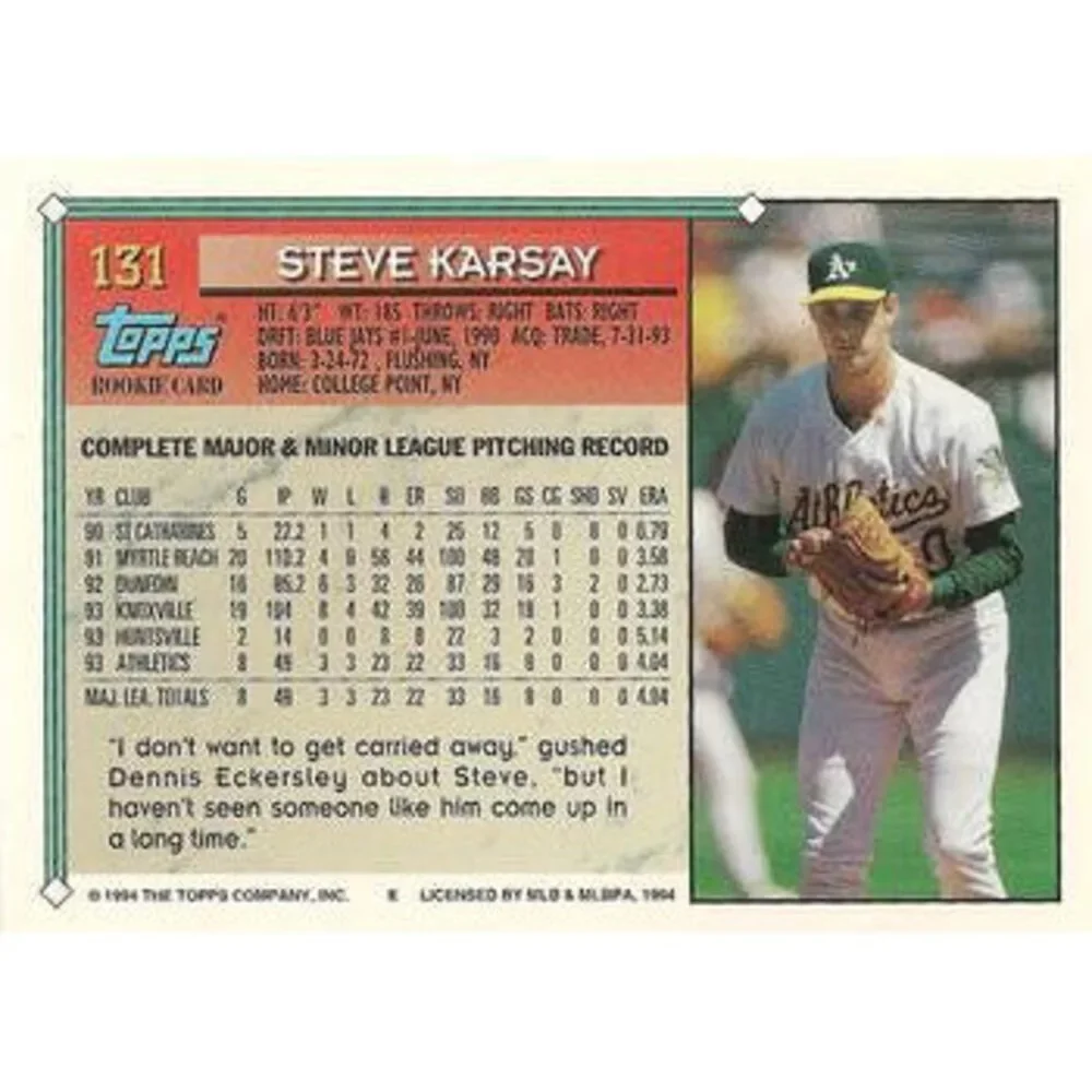 1994 Topps Steve Karsay RC # 131 Oakland Athletics
